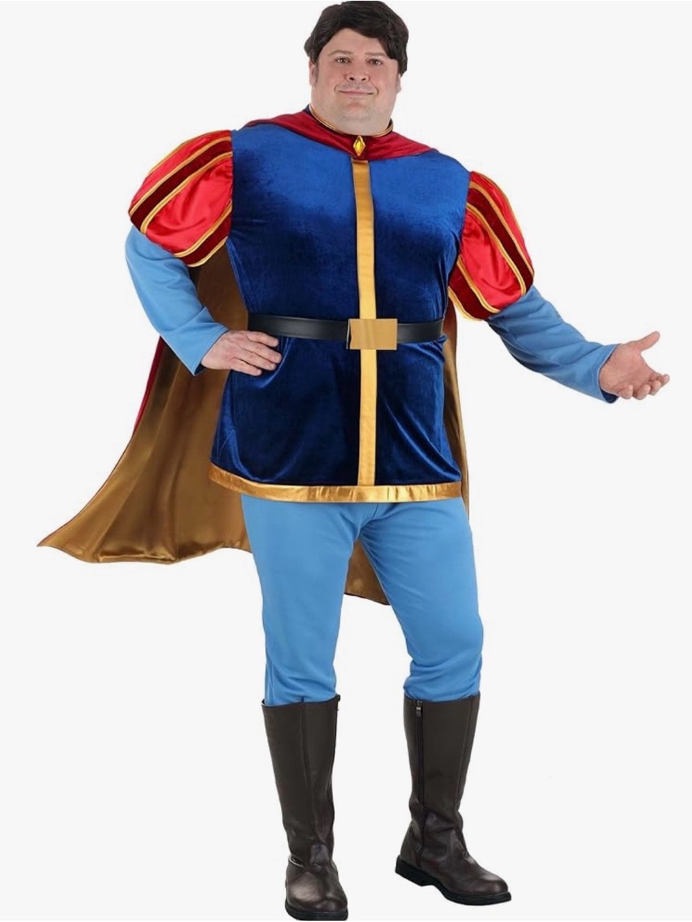 Classic Blue and Red Royal Prince Mens Costume with Gold Cape